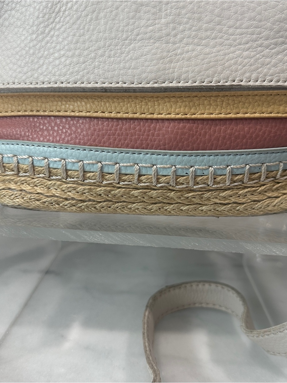 The Sak Ivy Leather Drawstring Bucket Bag cream coastal with striped woven trim - Picture 4 of 13